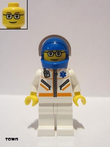 lego 2006 mini figurine cty0080 Doctor Jacket with Zipper and EMT Star of Life - White Legs, Blue Helmet, Trans-Black Visor, Glasses and Brown Eyebrows 