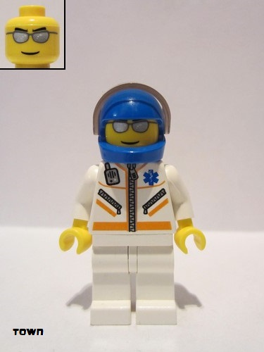 lego 2006 mini figurine cty0081 Doctor Jacket with Zipper and EMT Star of Life - White Legs, Blue Helmet, Trans-Black Visor, Silver Sunglasses 