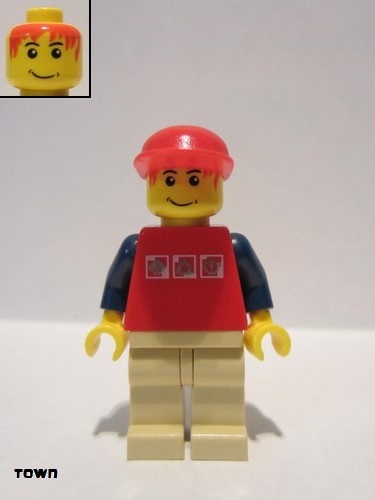 lego 2006 mini figurine cty0084 Citizen Red Shirt with 3 Silver Logos, Dark Blue Arms, Tan Legs, Messy Red Hair 
