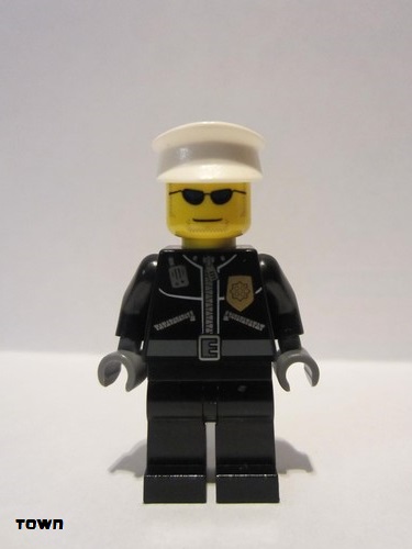 lego 2006 mini figurine cty0174 Police City Leather Jacket with Gold Badge, White Hat, Dark Blue Sunglasses 