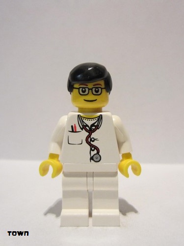 lego 2006 mini figurine doc024 Doctor Lab Coat Stethoscope and Thermometer, White Legs, Black Male Hair, Glasses 