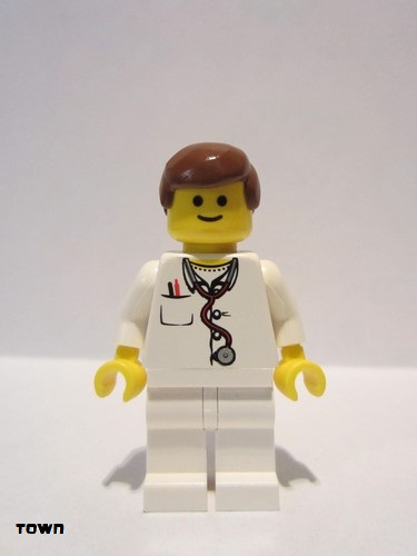 lego 2006 mini figurine doc025 Doctor Lab Coat Stethoscope and Thermometer, White Legs, Reddish Brown Male Hair 