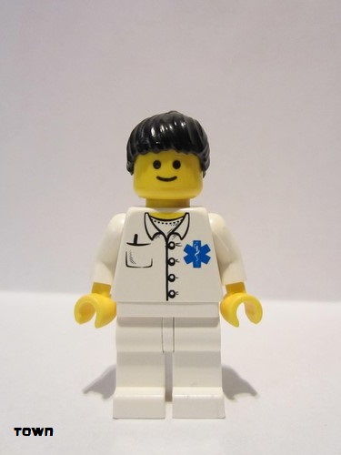 lego 2006 mini figurine doc026 Doctor EMT Star of Life Button Shirt, White Legs, Black Ponytail Hair 