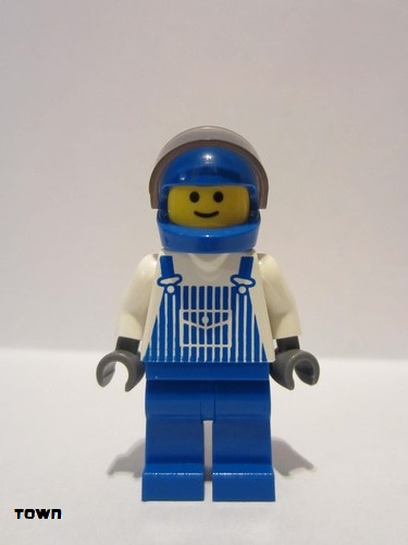 lego 2006 mini figurine ovr024 Citizen Overalls Striped Blue with Pocket, Blue Legs, Blue Helmet, Trans-Black Visor 