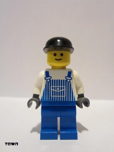 lego 2006 mini figurine ovr025 Citizen Overalls Striped Blue with Pocket, Blue Legs, Black Cap, Standard Grin 