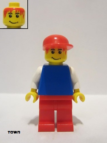 lego 2006 mini figurine pln109 Citizen Plain Blue Torso with White Arms, Red Legs, Red Cap, Red Hair 