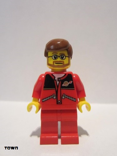 lego 2006 mini figurine trn126 Citizen Red Jacket with Zipper Pockets and Classic Space Logo, Red Legs, Reddish Brown Male Hair 