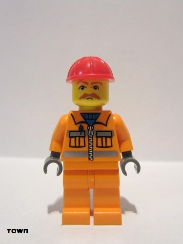 lego 2006 mini figurine trn129a Citizen Orange Vest with Safety Stripes - Orange Legs, Red Construction Helmet, Brown Moustache, Dark Bluish Gray Hands 