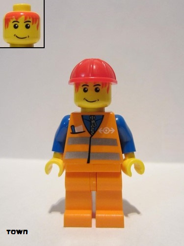 lego 2006 mini figurine trn130 Citizen Orange Vest with Safety Stripes - Orange Legs, Red Construction Helmet, Red Bangs 
