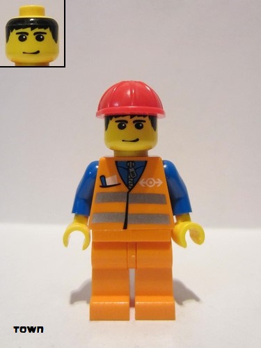 lego 2006 mini figurine trn132 Citizen Orange Vest with Safety Stripes - Orange Legs, Red Construction Helmet, Black Hair, Eyebrows, and Smirk 