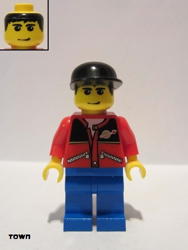 lego 2006 mini figurine twn027 Citizen Red Jacket with Zipper Pockets and Classic Space Logo, Blue Legs, Black Cap 