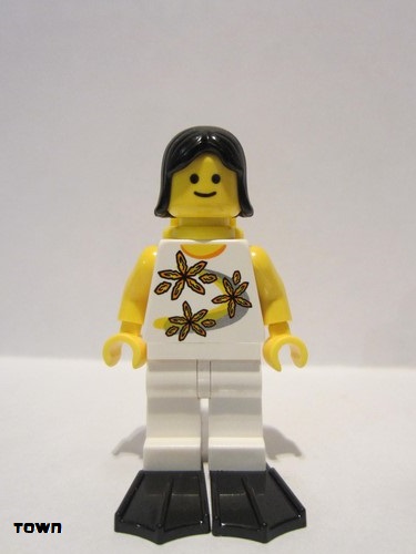 lego 2006 mini figurine twn061 Citizen Yellow Flowers - Black Female Hair, Yellow Airtanks, Black Flippers 