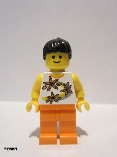 lego 2006 mini figurine twn062 Citizen Yellow Flowers - Black Ponytail Hair, Orange Legs 