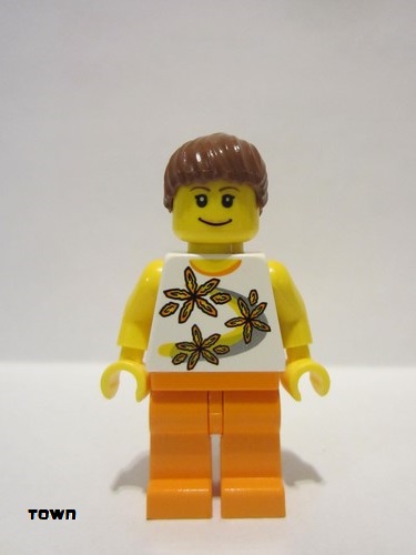 lego 2006 mini figurine twn126 Citizen Yellow Flowers - Reddish Brown Ponytail Hair, Orange Legs 