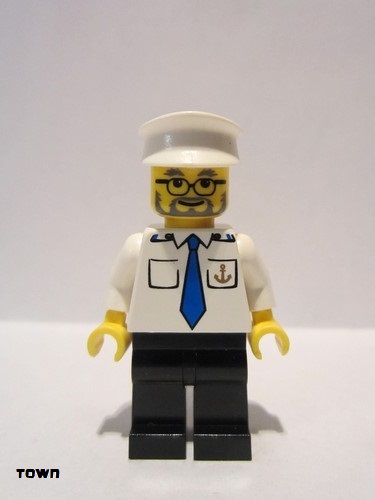 lego 2007 mini figurine boat009 Boat Captain With Blue Tie and Anchor on Pocket, White Hat 