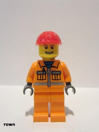 lego 2007 mini figurine cty0034 Construction Worker Orange Zipper, Safety Stripes, Orange Arms, Orange Legs, Red Construction Helmet, Eyebrows, Thin Grin with Teeth 