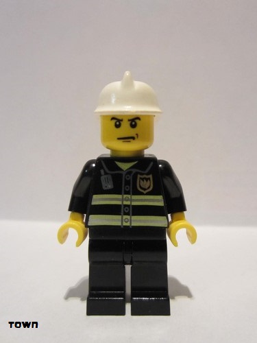 lego 2007 mini figurine cty0044 Fire Reflective Stripes, Black Legs, White Fire Helmet, Angry Eyebrows 