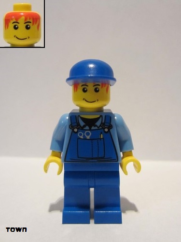lego 2007 mini figurine cty0050 Citizen Overalls with Tools in Pocket Blue, Blue Cap, Messy Red Hair 