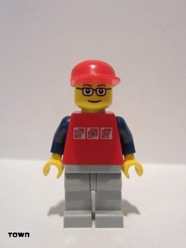 lego 2007 mini figurine cty0060 Citizen Red Shirt with 3 Silver Logos, Dark Blue Arms, Light Bluish Gray Legs, Glasses 
