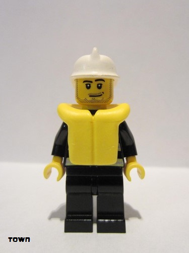 lego 2007 mini figurine cty0086 Fire Reflective Stripes, Black Legs, White Fire Helmet, Smirk and Stubble Beard, Life Jacket 