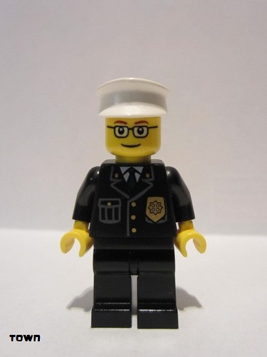 lego 2007 mini figurine cty0091 Police City Suit with Blue Tie and Badge, Black Legs, Glasses, White Hat 