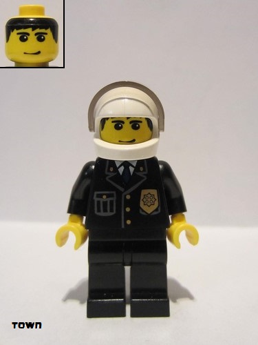 lego 2007 mini figurine cty0092 Police City Suit with Blue Tie and Badge, Black Legs, White Helmet, Tran-Black Visor, Smile 