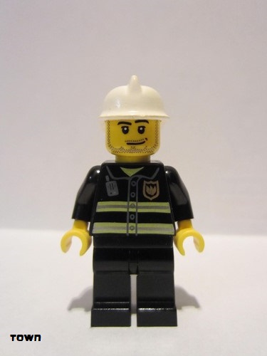 lego 2007 mini figurine cty0093 Fire Reflective Stripes, Black Legs, White Fire Helmet, Smirk and Stubble Beard 