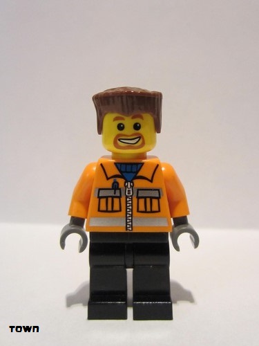 lego 2007 mini figurine cty0154 Construction Worker Orange Zipper, Safety Stripes, Orange Arms, Black Legs, Reddish Brown Flat Top Hair, Beard around Mouth 