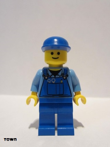 lego 2007 mini figurine cty0213 Citizen Overalls with Tools in Pocket Blue, Blue Cap, Standard Grin 
