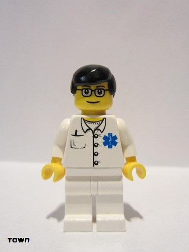lego 2007 mini figurine doc032 Doctor EMT Star of Life Button Shirt, White Legs, Black Male Hair, Glasses 