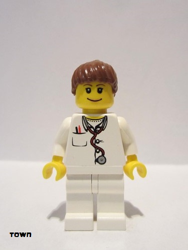 lego 2007 mini figurine doc033 Doctor Lab Coat Stethoscope and Thermometer, White Legs, Reddish Brown Female Ponytail Hair 