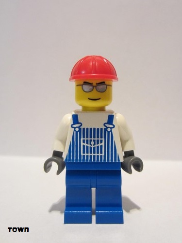 lego 2007 mini figurine ovr030 Citizen Overalls Striped Blue with Pocket, Blue Legs, Red Construction Helmet, Silver Glasses and Eyebrows 