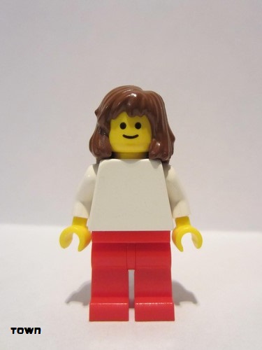 lego 2007 mini figurine pln113 Citizen Plain White Torso with White Arms, Red Legs, Reddish Brown Mid-Length Female Hair 