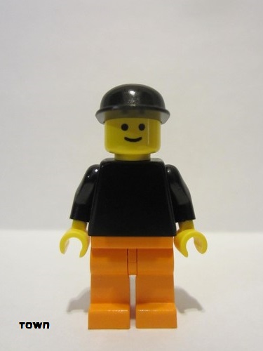lego 2007 mini figurine pln134 Citizen Plain Black Torso with Black Arms, Orange Legs, Black Cap 