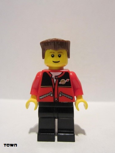 lego 2007 mini figurine trn140 Citizen Red Jacket with Zipper Pockets and Classic Space Logo, Black Legs, Reddish Brown Flat Top Hair 