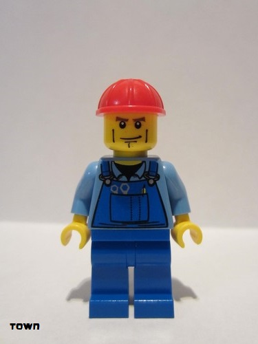 lego 2007 mini figurine trn141 Citizen Overalls with Tools in Pocket Blue, Red Construction Helmet, Cheek Lines 