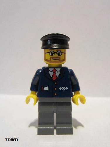 lego 2007 mini figurine trn222 Citizen Dark Blue Suit with Train Logo, Dark Bluish Gray Legs, Black Hat, Beard and Glasses 
