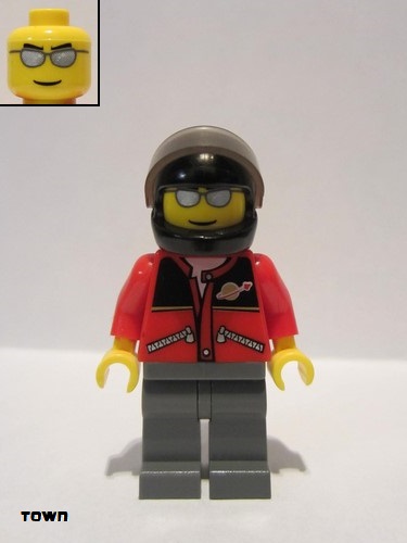 lego 2007 mini figurine twn060 Citizen Red Jacket with Zipper Pockets and Classic Space Logo, Dark Bluish Gray Legs, Black Helmet, Silver Sunglasses 