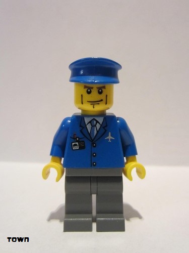 lego 2008 mini figurine air039 Airport Blue 3 Button Jacket & Tie, Blue Hat, Dark Bluish Gray Legs, Vertical Cheek Lines 