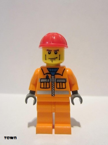 lego 2008 mini figurine cty0052 Construction Worker Orange Zipper, Safety Stripes, Orange Arms, Orange Legs, Red Construction Helmet 