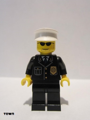 lego 2008 mini figurine cty0094 Police City Suit with Blue Tie and Badge, Black Legs, Sunglasses, White Hat 