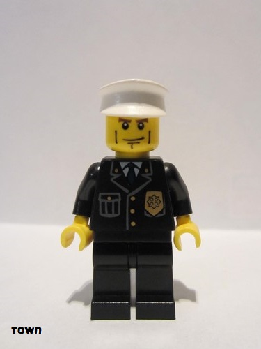 lego 2008 mini figurine cty0095 Police City Suit with Blue Tie and Badge, Black Legs, Vertical Cheek Lines, Brown Eyebrows, White Hat 