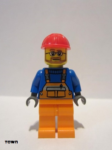 lego 2008 mini figurine cty0096 Citizen Overalls with Safety Stripe Orange, Orange Legs, Red Construction Helmet, Beard and Glasses 