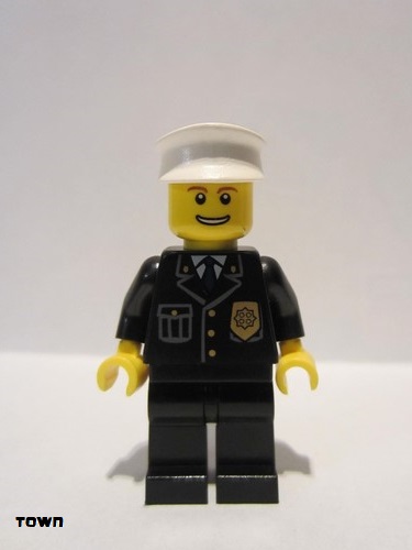 lego 2008 mini figurine cty0098 Police City Suit with Blue Tie and Badge, Black Legs, Thin Grin with Teeth, White Hat 