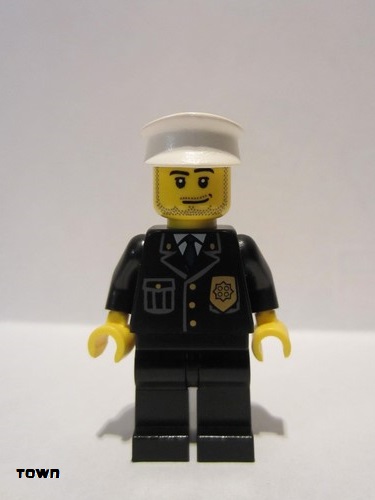 lego 2008 mini figurine cty0099 Police City Suit with Blue Tie and Badge, Black Legs, White Hat, Smirk and Stubble Beard 