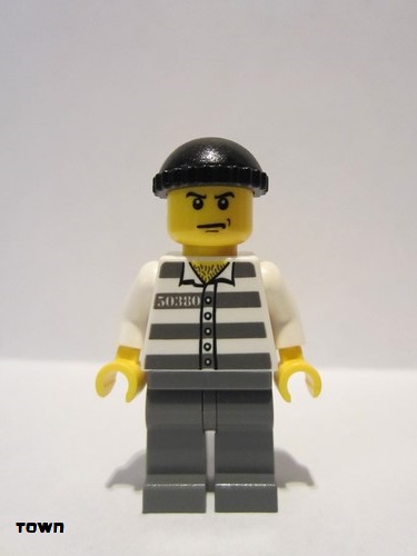 lego 2008 mini figurine cty0100 Police - Jail Prisoner 50380 Prison Stripes, Dark Bluish Gray Legs, Black Knit Cap, Angry Eyebrows and Scowl 