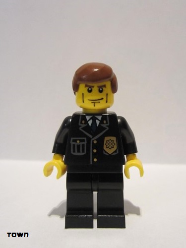 lego 2008 mini figurine cty0101 Police City Suit with Blue Tie and Badge, Black Legs, Vertical Cheek Lines, Reddish Brown Hair 