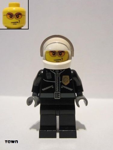 lego 2008 mini figurine cty0102 Police City Leather Jacket with Gold Badge, White Helmet, Trans-Black Visor, Orange Sunglasses 