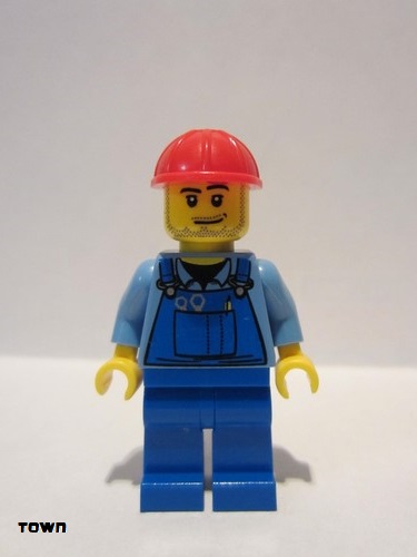 lego 2008 mini figurine cty0104 Citizen Overalls with Tools in Pocket Blue, Red Construction Helmet, Smirk and Stubble Beard 