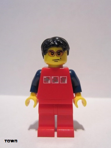 lego 2008 mini figurine cty0108 Citizen Red Shirt with 3 Silver Logos, Dark Blue Arms, Red Legs 